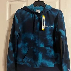 Champion hoodie, blue tie dye, women size small